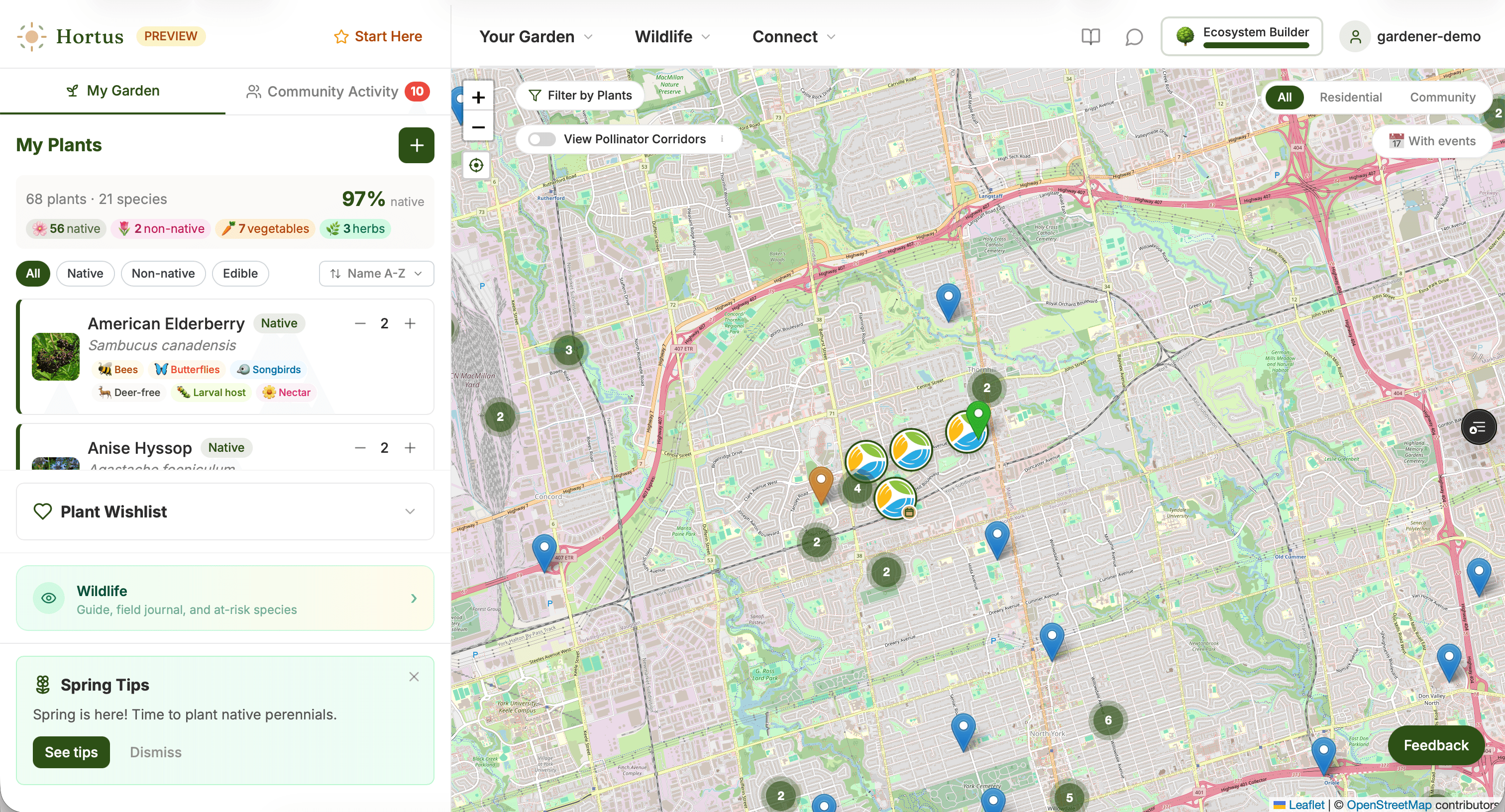 Garden map view showing plants on an interactive neighbourhood map