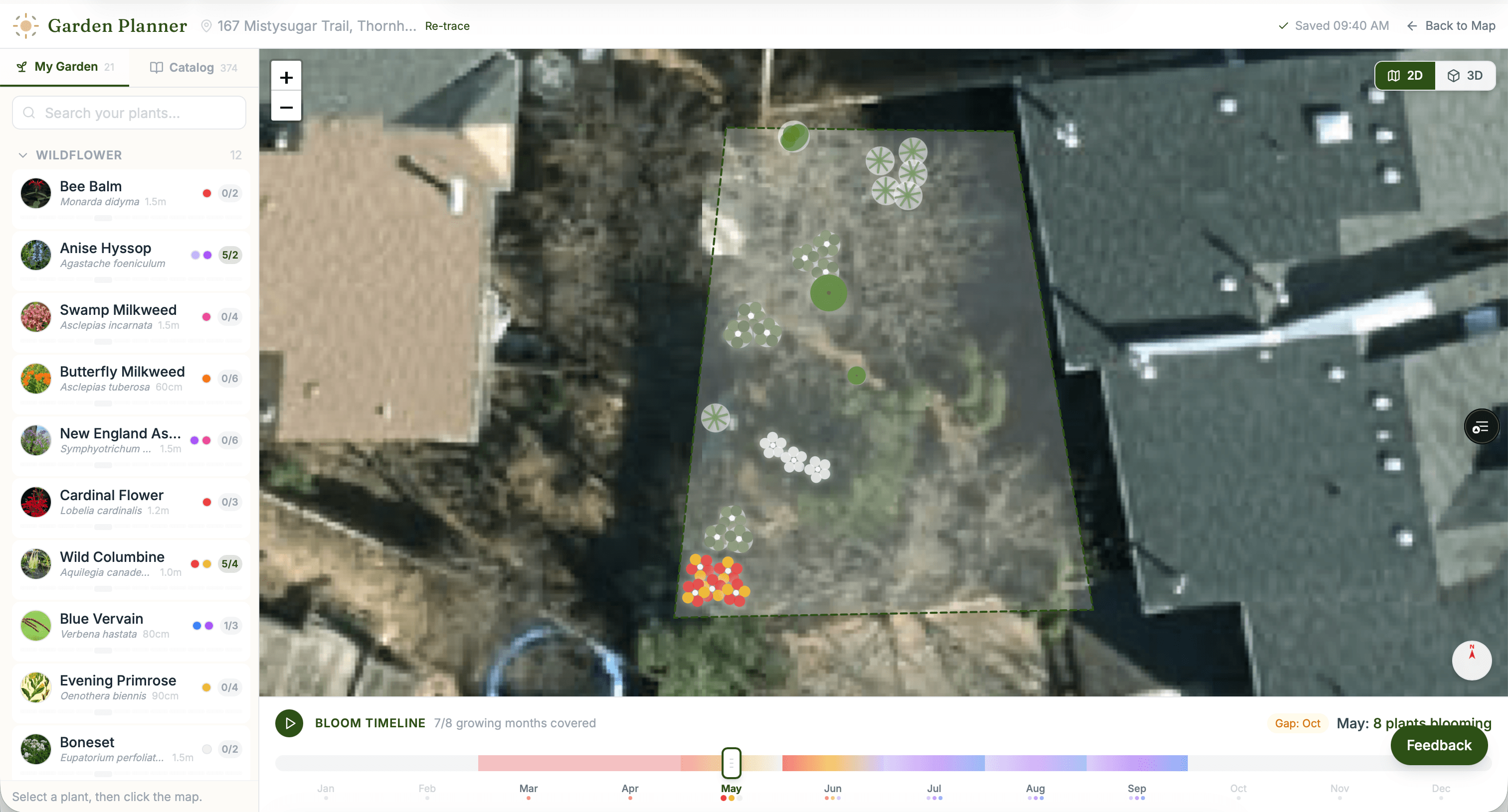 Garden Planner 2D satellite view with plant placement