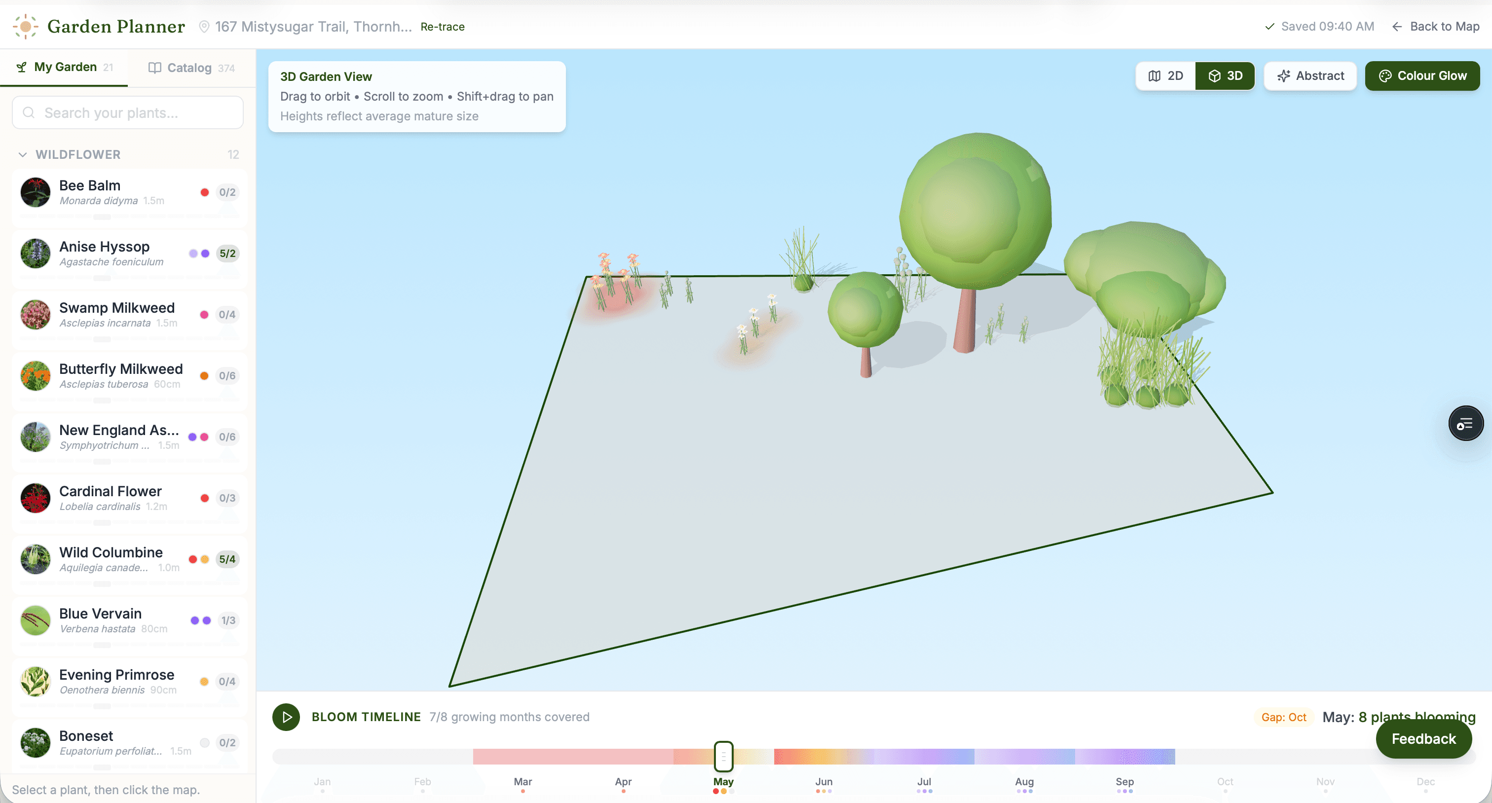Garden Planner 3D view showing plants on a traced property