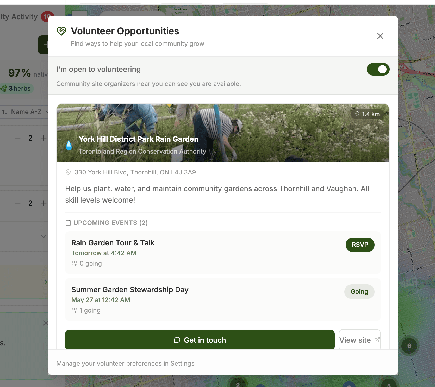 Volunteer Opportunities panel showing community garden sites with upcoming events