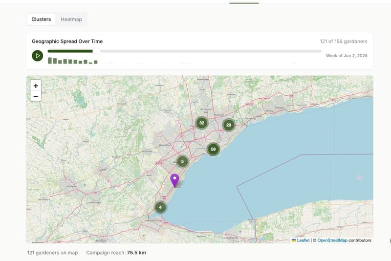 Geographic reach heatmap showing plant adoption spread